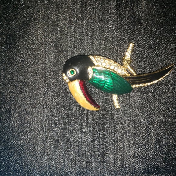 Large Enameled Rhinestone Crystal  Toucan Brooch - Picture 6 of 8
